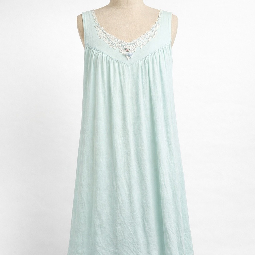 Vintage 90s Lace Rosette 100% Cotton Nightgown Sz L Blue Prairie Cottagecore